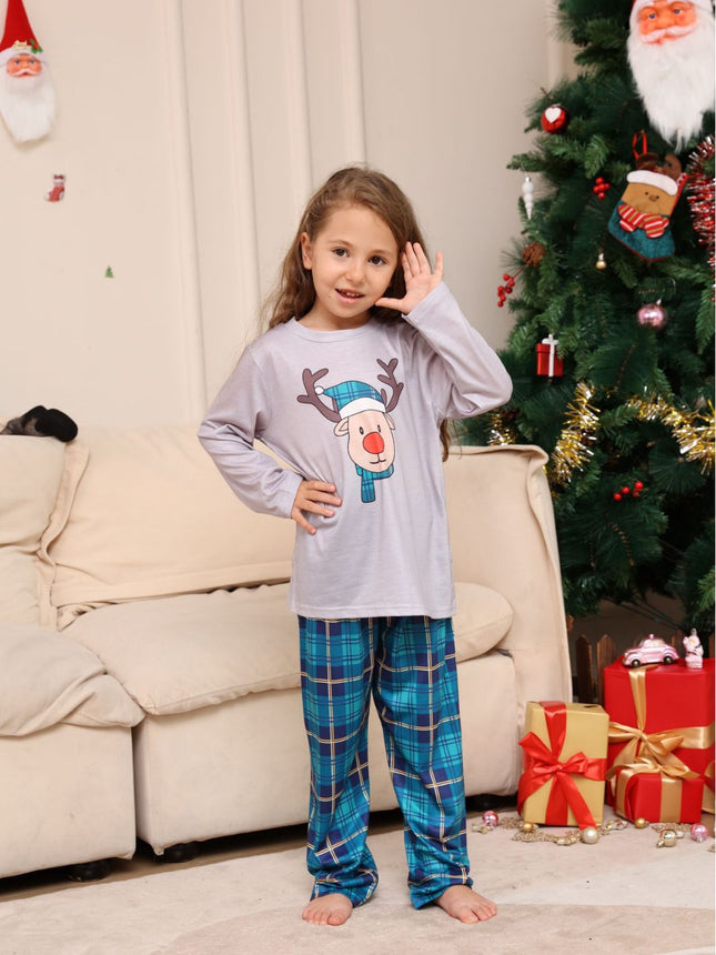 Christmas Blue Plaid Long Sleeve Matching Pajamas Suit