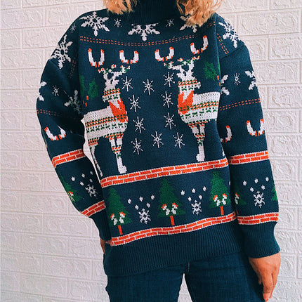 Women's Fashion Christmas Theme Elk Snowflake Christmas Tree Knitted Sweater